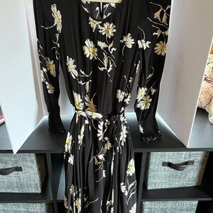 Talbots Black Summer Resort Wear Dress with White Floral Pattern Tie Waist